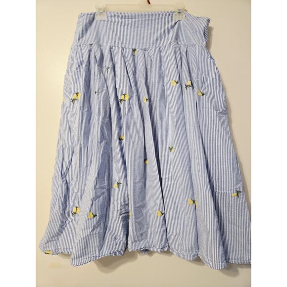Free Assembly Lemon Embroidered Maxi Skirt 16 Blue Stripe Cottagecore Preppy - Picture 1 of 7